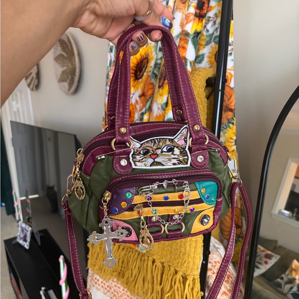 Whimsical Cat Patch Olive & Plum Satchel Bag